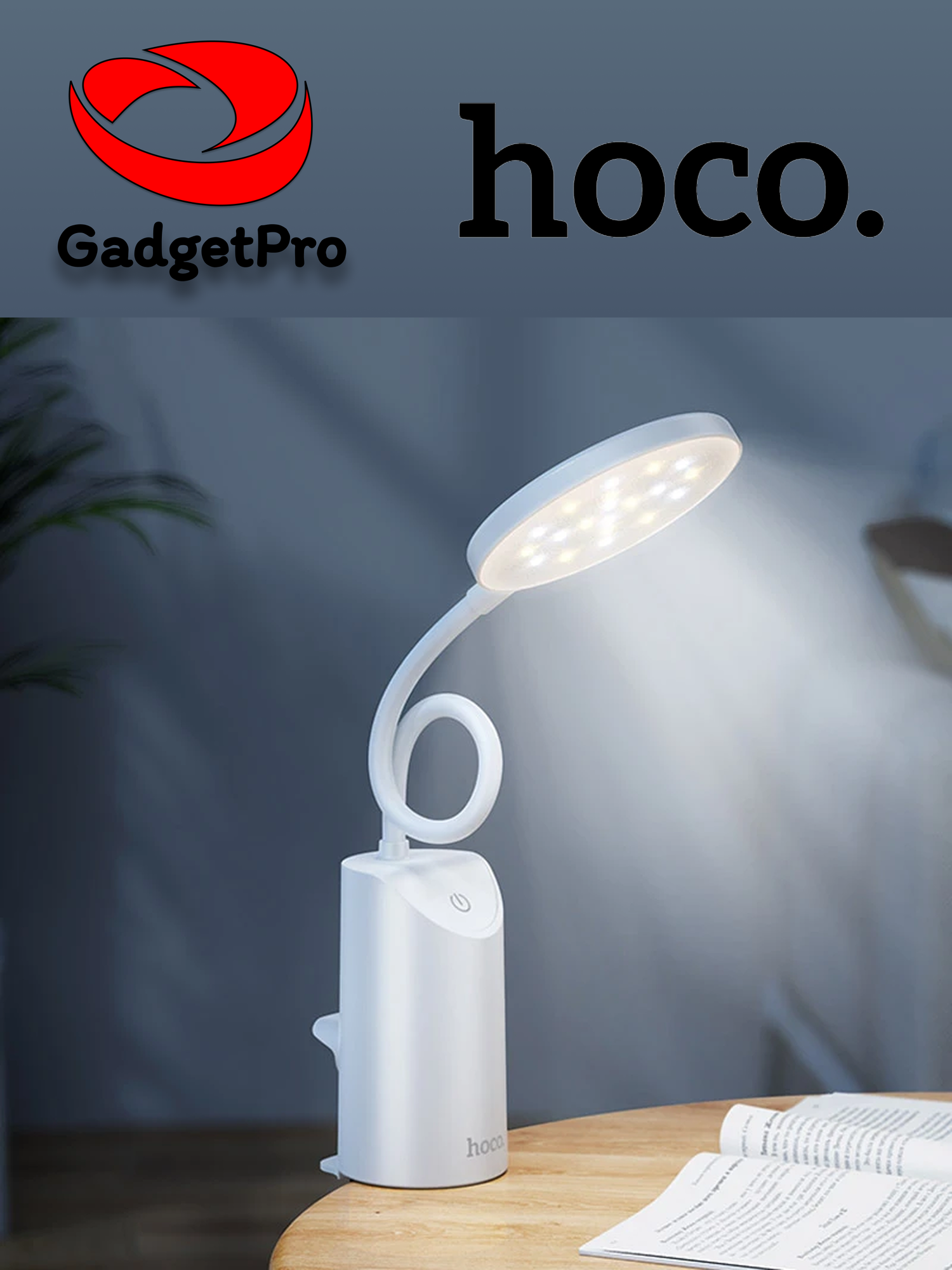 Настольная LED-лампа Hoco HX10 с клипсой, 1200 мАч, 3 режима, гибкая ножка, белая — фото 1