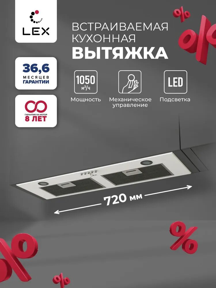Вытяжка кухонная встраиваемая LEX GS BLOC P 900 White, белая, кнопочное управление, LED лампы, отделка -окрашенная сталь