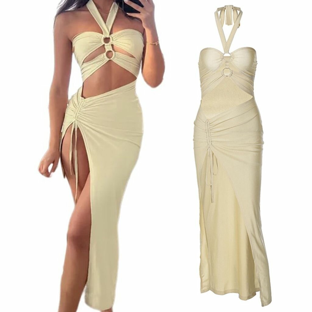 Женское длинное облегающее платье без рукавов с вырезом на спине и разрезными рюшами