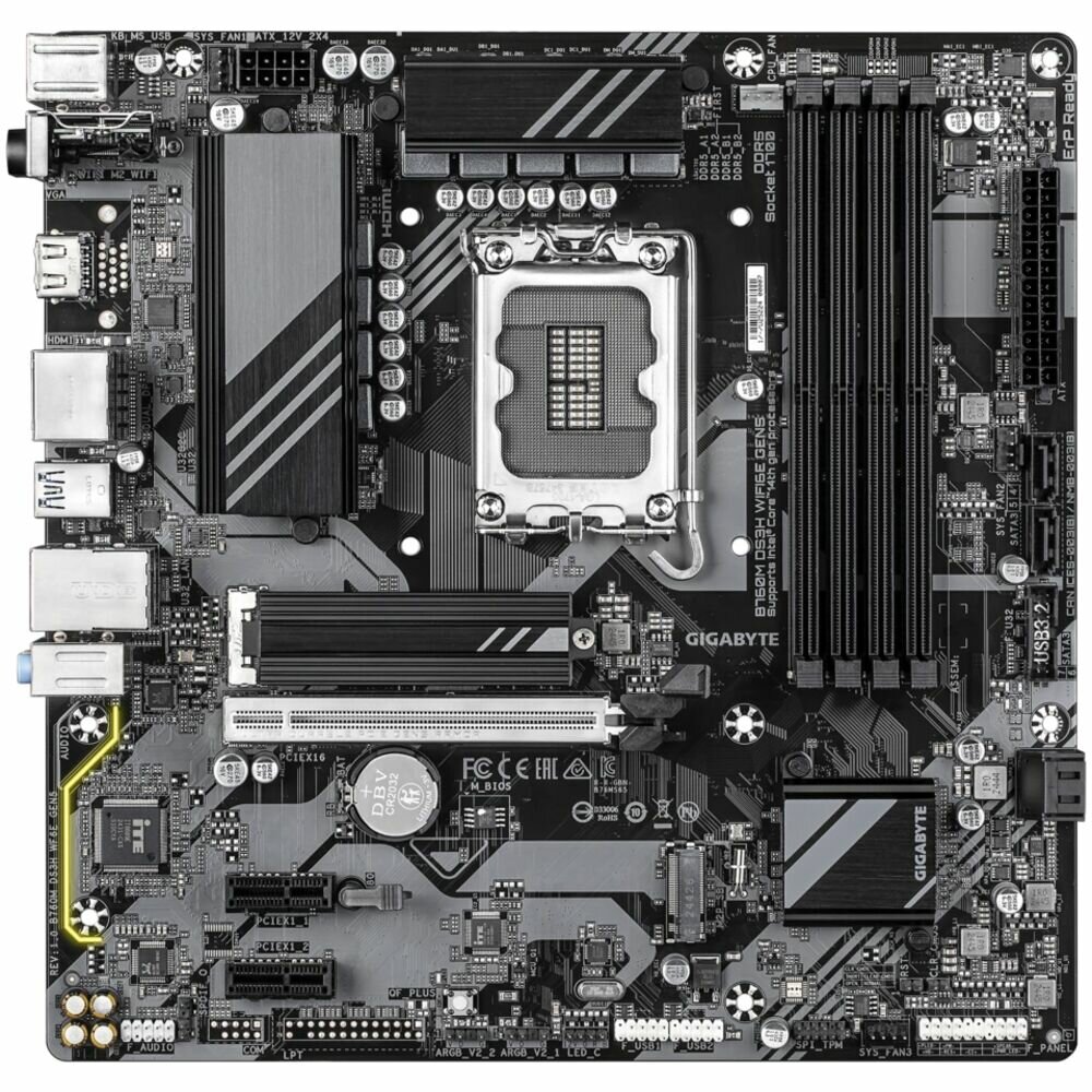 Материнская плата Gigabyte B760M DS3H WIFI6E GEN5 B760 Socket-1700 4xDDR5, 4xSATA3, RAID, 2xM.2, 1xPCI-E16x, 3xUSB3.2, 1xUSB3.2 Type C, D-Sub, 2xDP, HDMI, 2.5Glan, mATX