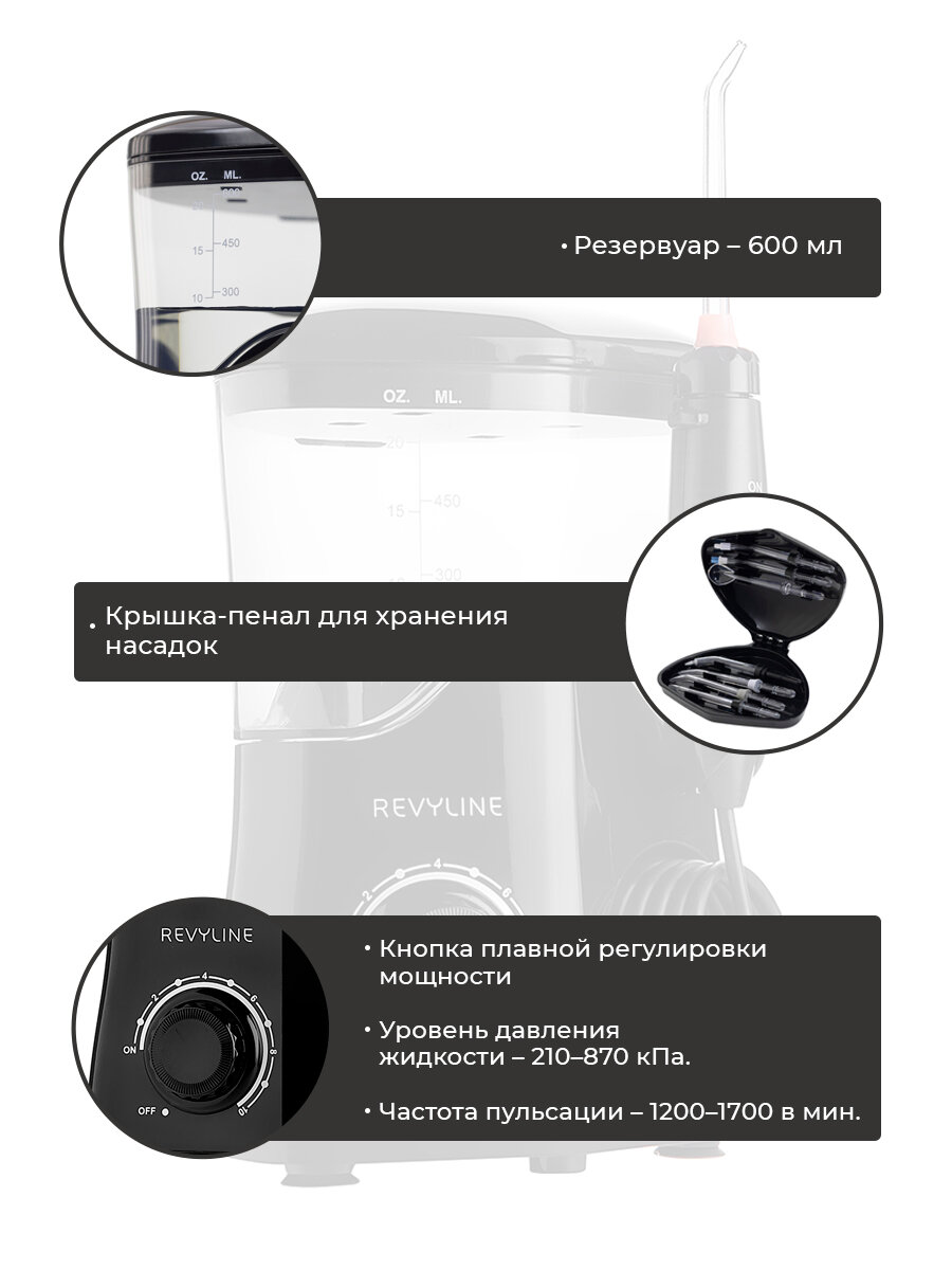 Изображение Ирригатор для зубов и десен Revyline RL 100 стационарный, черный, для полости рта, для брекетов, для всей семьи