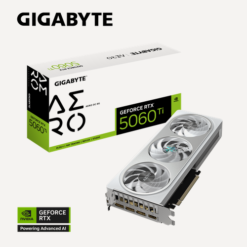 Изображение товара Видеокарта GIGABYTE GeForce RTX 5060 Ti AERO OC 8G, 8ГБ GDDR7,128-bit, 28 Гбит/с, PCI-E 5.0, белая