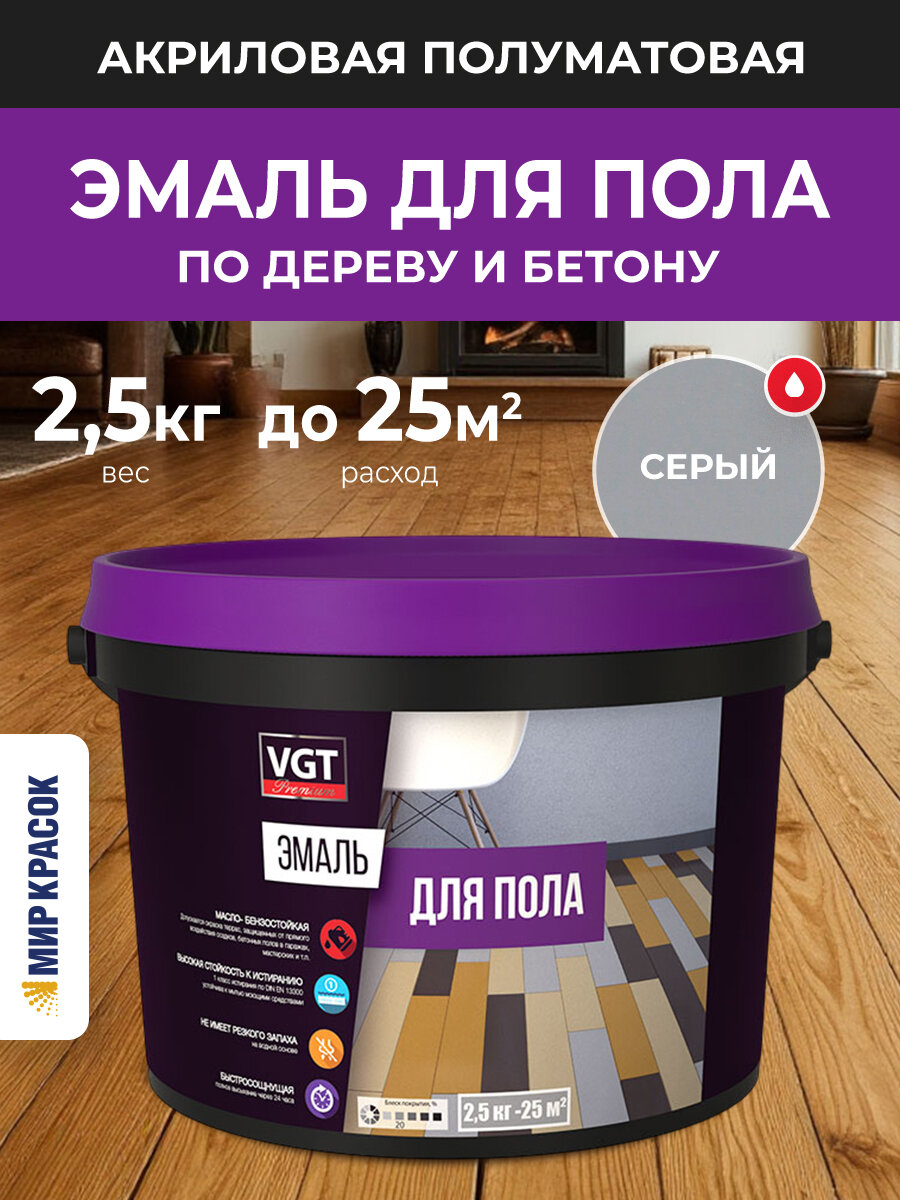 VGT ВД-АК-1179 профи эмаль для пола по дереву и бетону акриловая полуматовая серая (2.5 кг)
