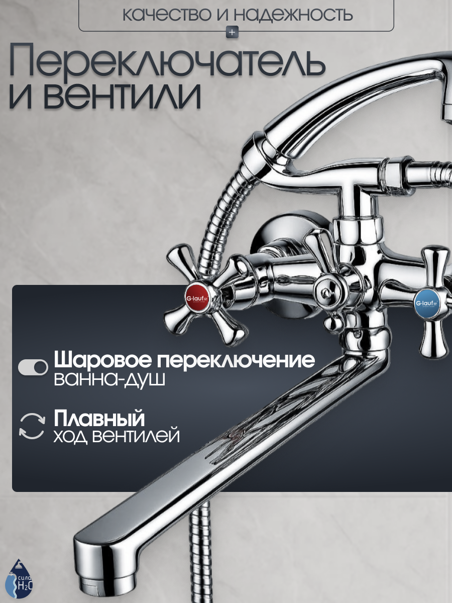 Смеситель для ванны с душем, двухвентильный, кран в ванную G.lauf QFR7-C827, хром — фото 1