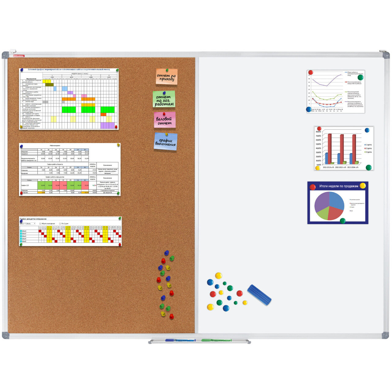 Доска комбинированная: магнитно-маркерная пробковая на стену для объявлений 90х120 см