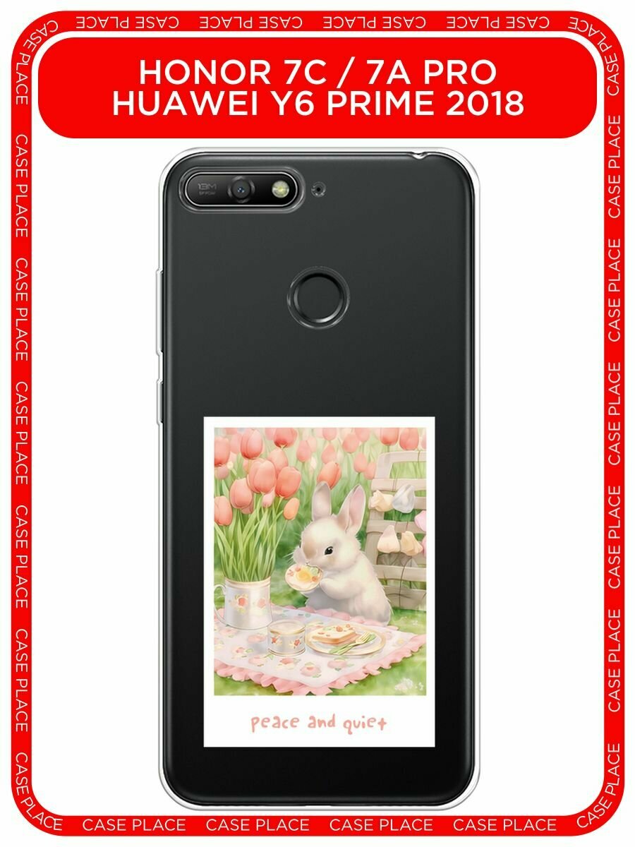 Чехол на Honor 7C/7A Pro/Huawei Y6 Prime 2018 / Хонор 7С/7А Про с принтом "Кролик на пикнике", прозрачный