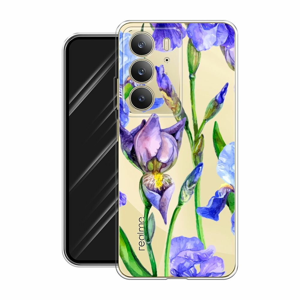 Чехол на Realme C75 4G / Реалми C75 4G с принтом "Синие ирисы", прозрачный — фото 1