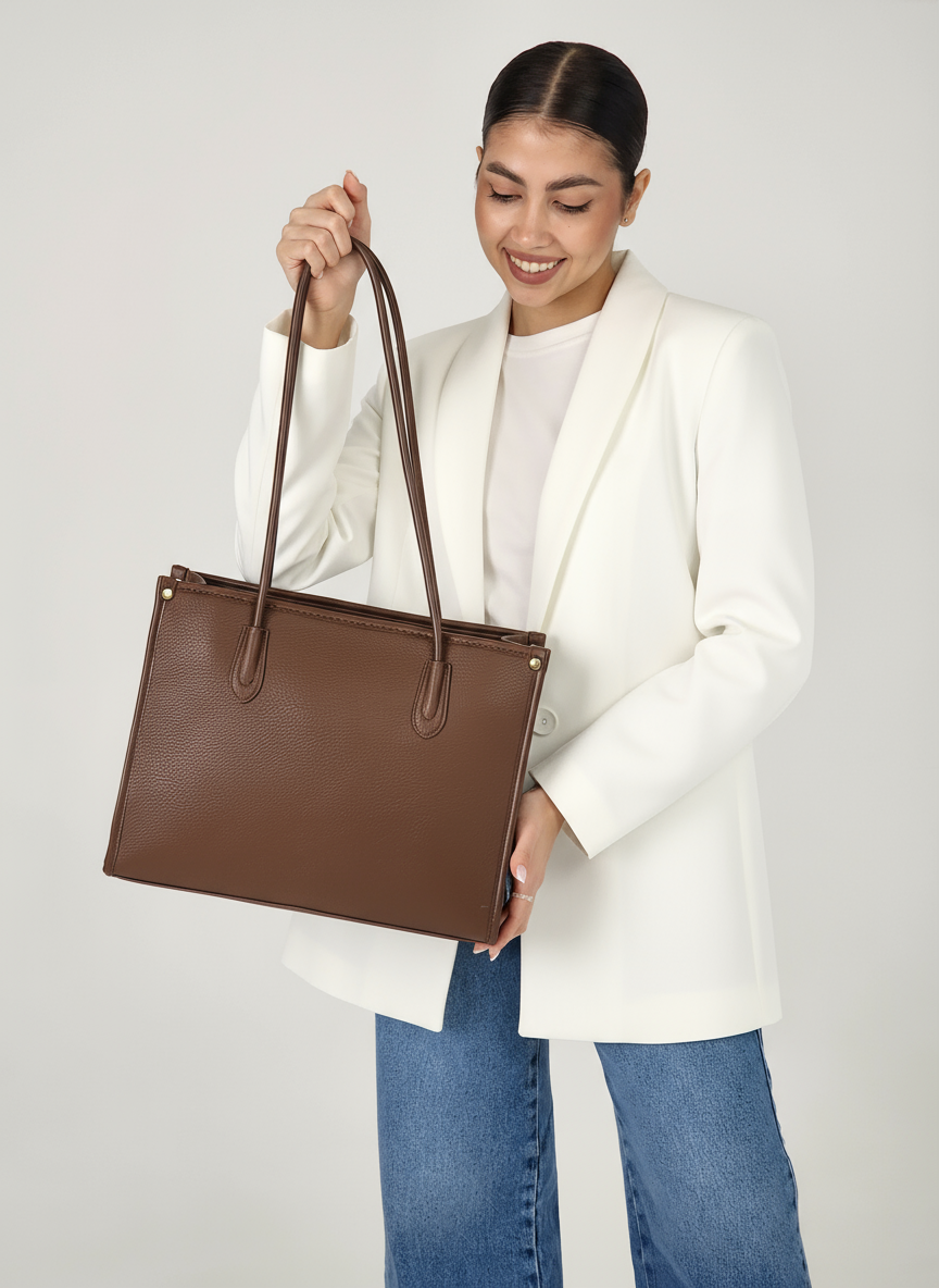 Сумка тоут Evangelina May, фактура рельефная, зернистая, матовая, коричневый — фото 1