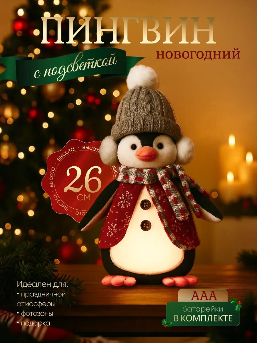 Пингвин новогодний светящийся под елку в серой шапке декоративный ночник с с LED-подсветкой на батарейках 26 см
