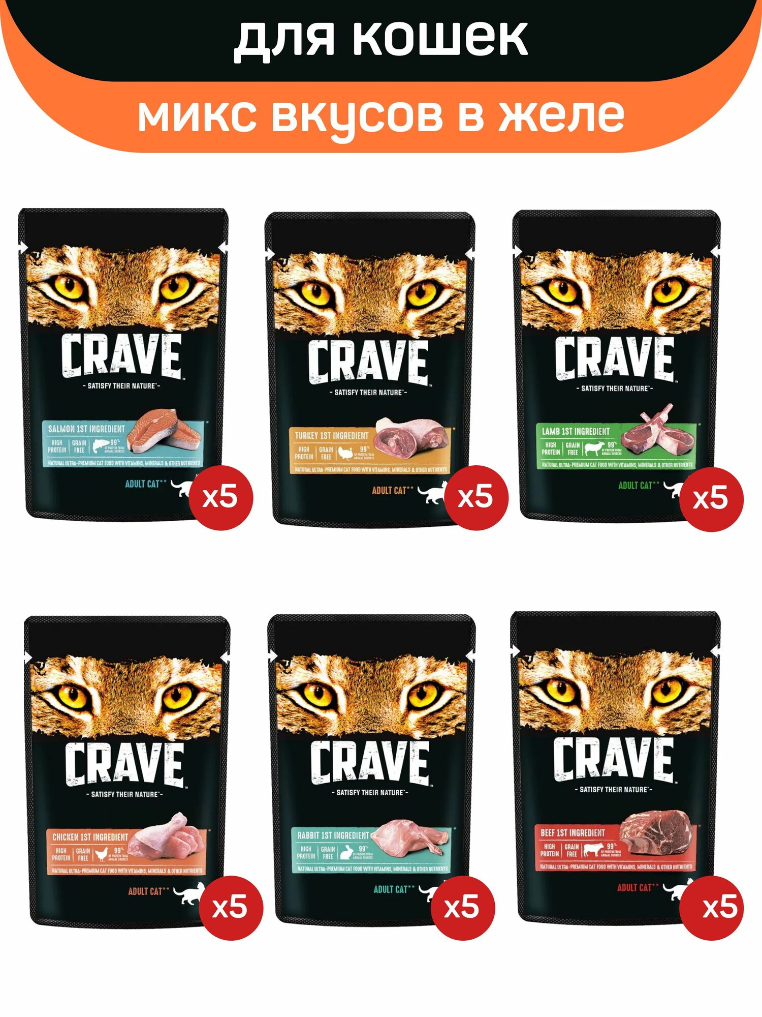 Влажный полнорационный корм CRAVE для кошек: говядина, индейка, кролик, курица, лосось, ягненок, в желе, 30 шт по 70 г