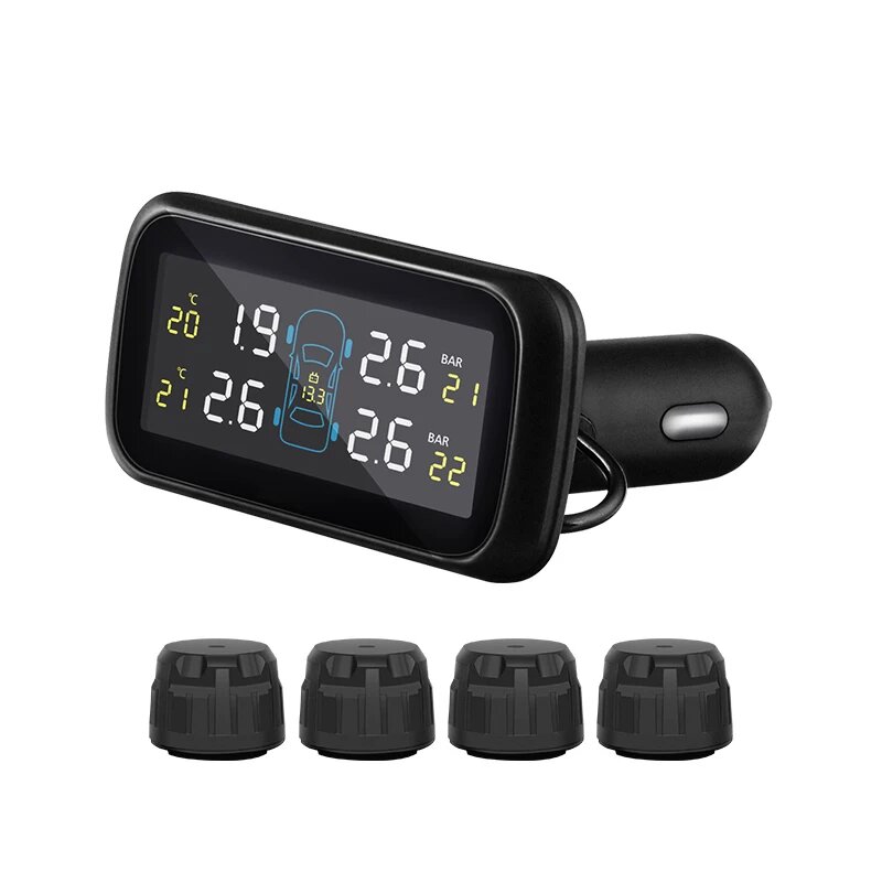 Беспроводная система TPMS для контроля давления в шинах автомобиля с внешним чёрным датчиком, адаптером 12В для