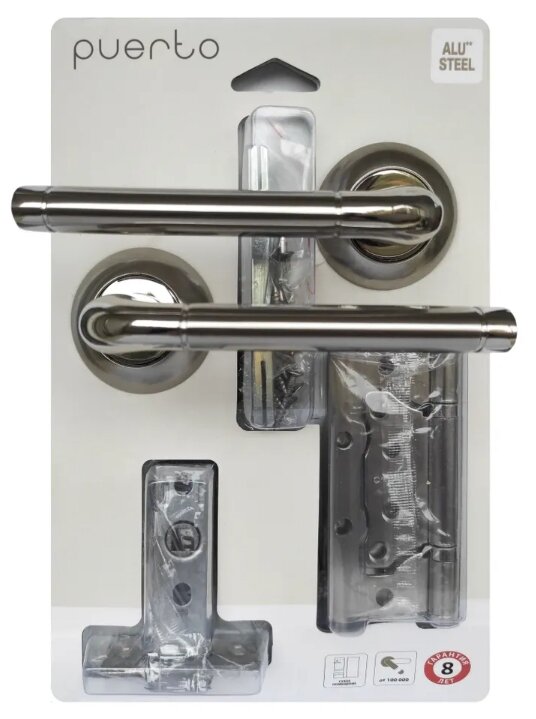 Комплект дверной фурнитуры PUERTO (ручка дверная межкомнатная, защелка м/к, петли накладные без врезки), никель матовый/никель блестящий