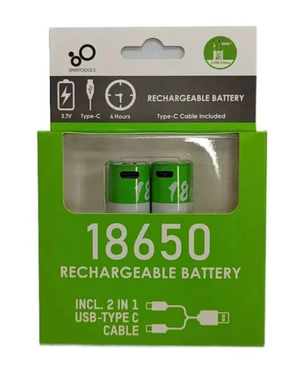 Аккумуляторные батарейки тип 18650 3.7V 2000 mAh, с USB type-C кабелем, 2 штуки.