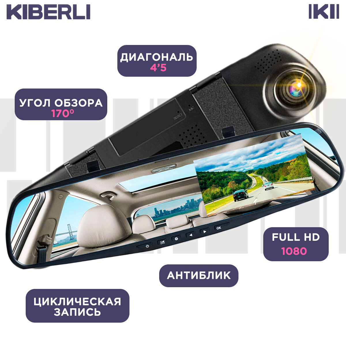 Видеорегистратор зеркало 2 камеры датчик движения G-сенсор KIBERLI LI 5 TF-карты на 32 Гб автовизитка
