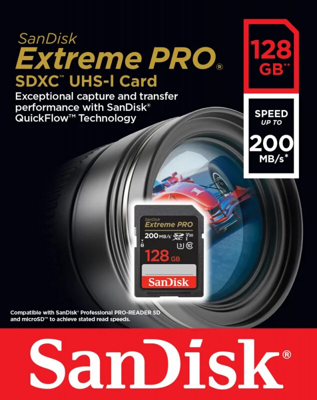 Карта памяти Sandisk Extreme Pro SDXC UHS-I U3 V30 128Gb (200/90 MB/s)