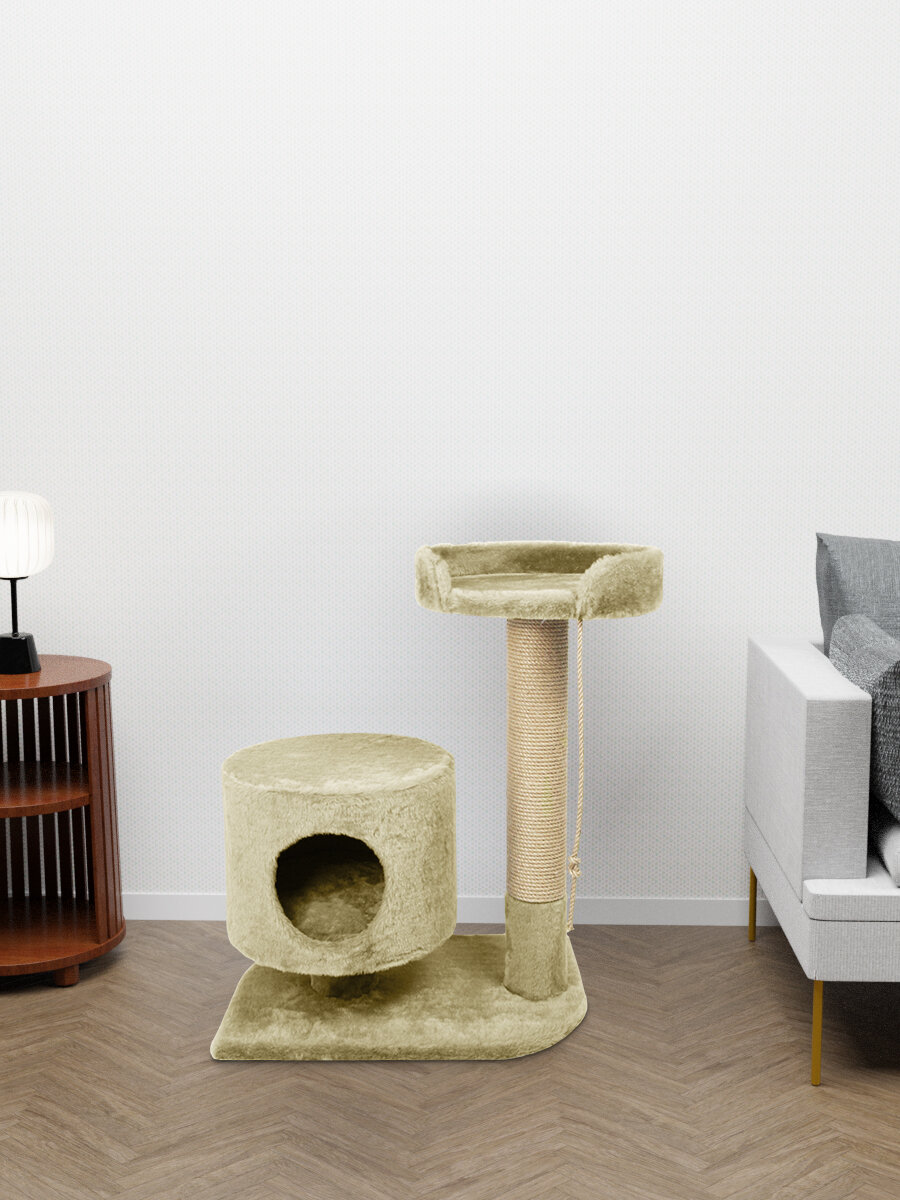 Когтеточка (игровой комплекс) YUGA для кошек с домиком, с лежанкой, с игрушкой 55х35х84см, бежевая - фотография № 3