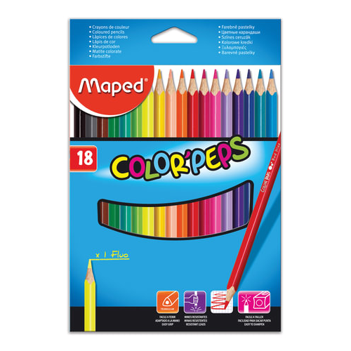 Карандаши цветные MAPED (Франция) Color Pep's, 18 цветов, трехгранные, заточенные, европодвес, 183218, 2 упаковки набор 12 штук карандаши цветные maped франция color peps star 12 цветов трехгранные заточенные европодвес