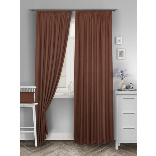 Комплект штор для комнаты блэкаут рогожка на ленте 60 мм, две портьеры общей шириной 500 см и высотой 250 см, коричневый цвет