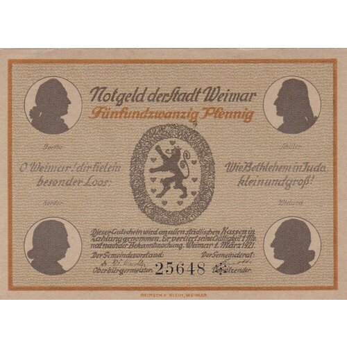Германия (Веймарская Республика) Веймар 25 пфеннигов 1921 г. (№2) банкнота нотгельды германия 25 пфеннигов 1921 год серия веймар купюра бона