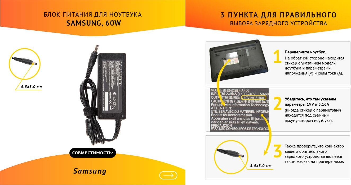 Power unit / Блок питания (зарядка) для ноутбука Samsung 19V, 3.16A, 60W, 5.5х3.0 без сетевого кабеля