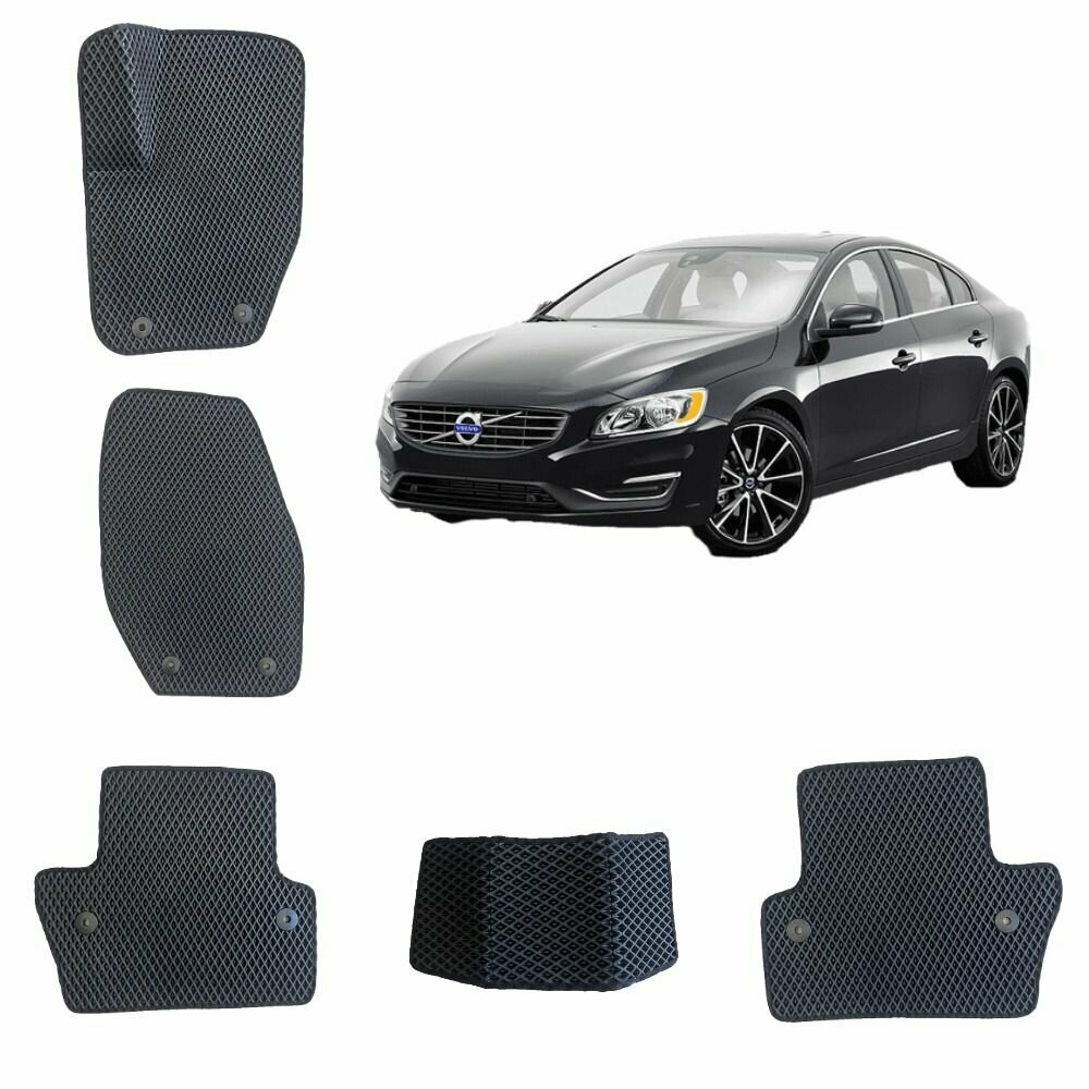 фото 3-D Автомобильные EVA / ЕВА / ЭВА коврики в салон для Volvo S60 2 / Вольво С60 (2 поколение) (Черный ромб / Черный кант)