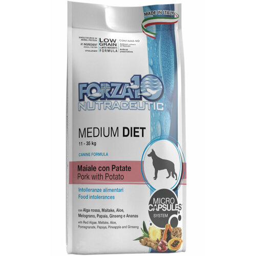 FORZA10 DOG MEDIUM DIET LOW GRAIN низкозерновой для взрослых собак средних пород при аллергии со свининой и картофелем (12 + 12 кг)