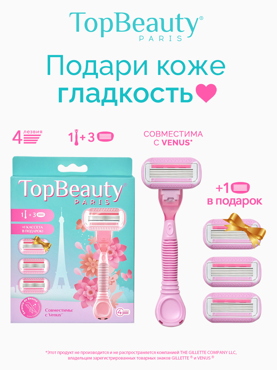 Подарочный набор для девушек "Top Beauty Paris" Бритва + 4 сменные кассеты, 4 лезвия