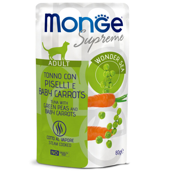 Monge Supreme Adult cat Пауч для кошек с Тунцом, Зелёным горошком и Мини-морковью 80 гр x 6 шт.