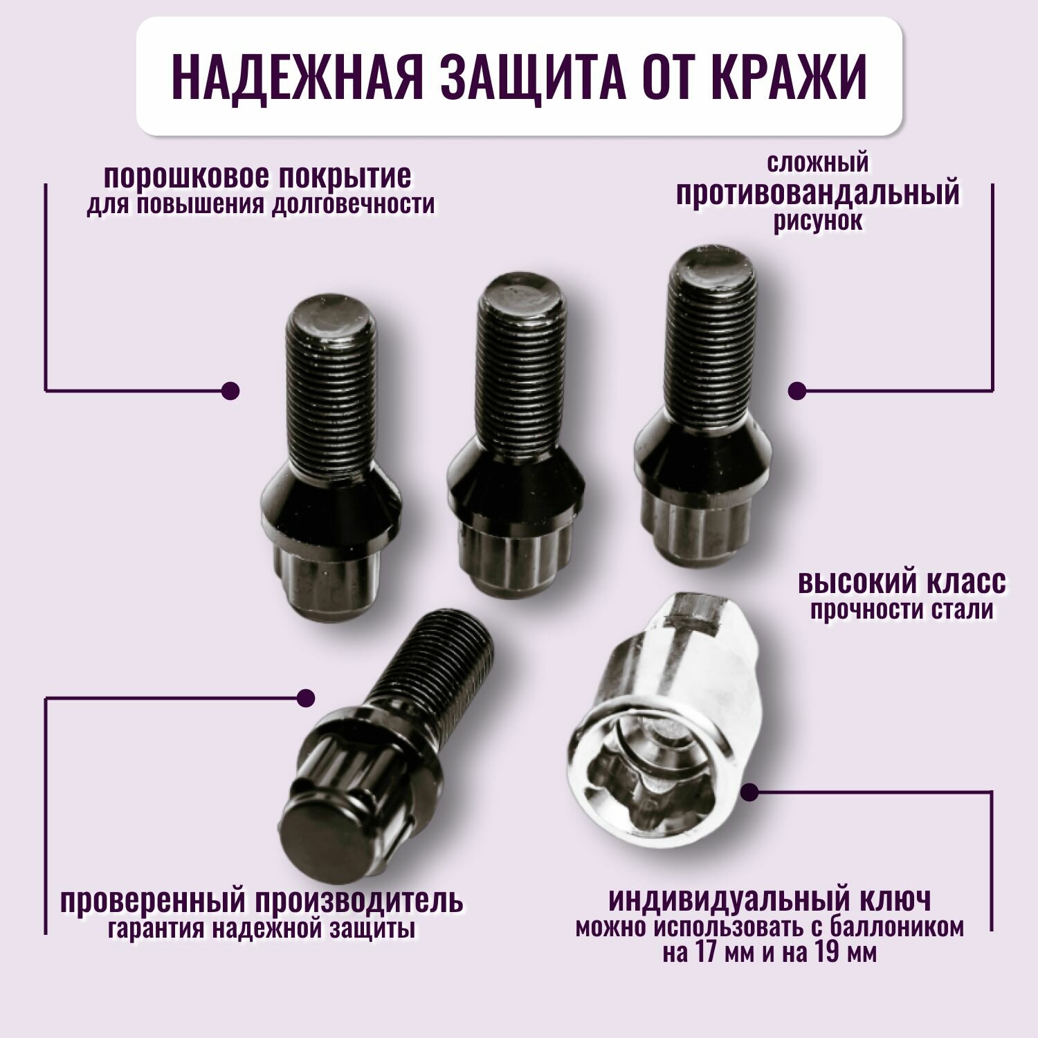 Болты секретки м14х15*28мм чёрные /секретные болты для литых дисков