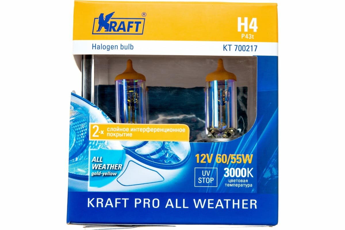 Лампа 12V H4 60/55W P43t 3000K Kraft 2 Шт. Картон Kt700217 Kraft арт. KT700217