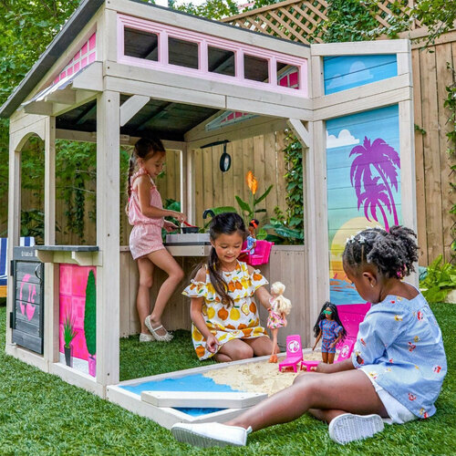 Открытый уличный игровой домик-веранда для детей, с кухней и песочницей