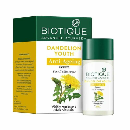 DANDELION YOUTH Anti-Ageing Serum, Biotique (одуванчик Антивозрастная сыворотка для лица, для всех типов кожи, Биотик), 40 мл. сыворотка biotique bio dandelion youth serum для лица и шеи 40 мл