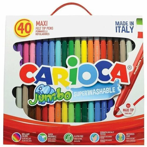 Набор фломастеров 40 цветов Carioca Jumbo (линия 2-6мм) картон с ручкой (41257) смываемые с толстым наконечником из серии супер чисто