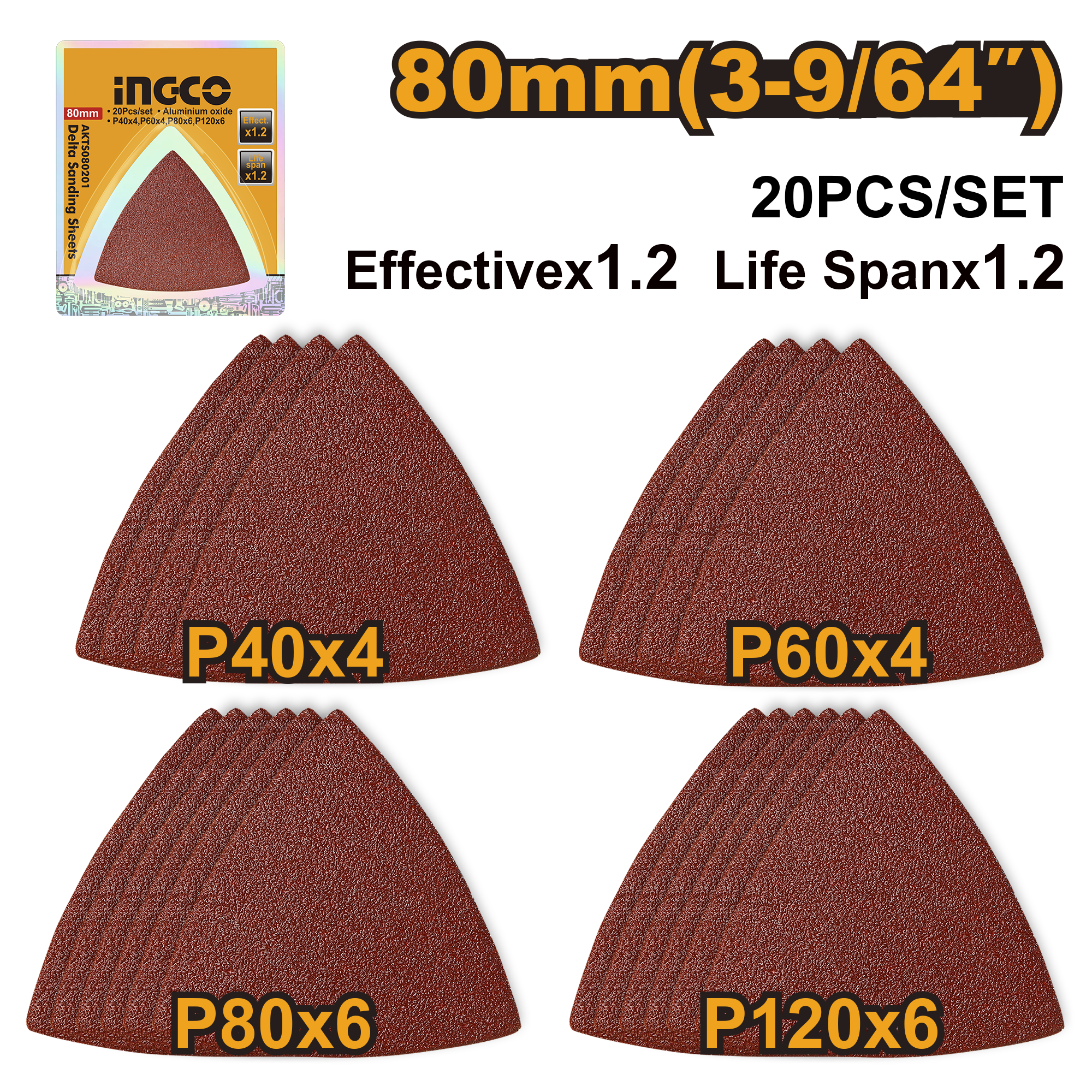 Набор дельта-шлифовальных листов для реноватора INGCO AKTS080201 20 шт.