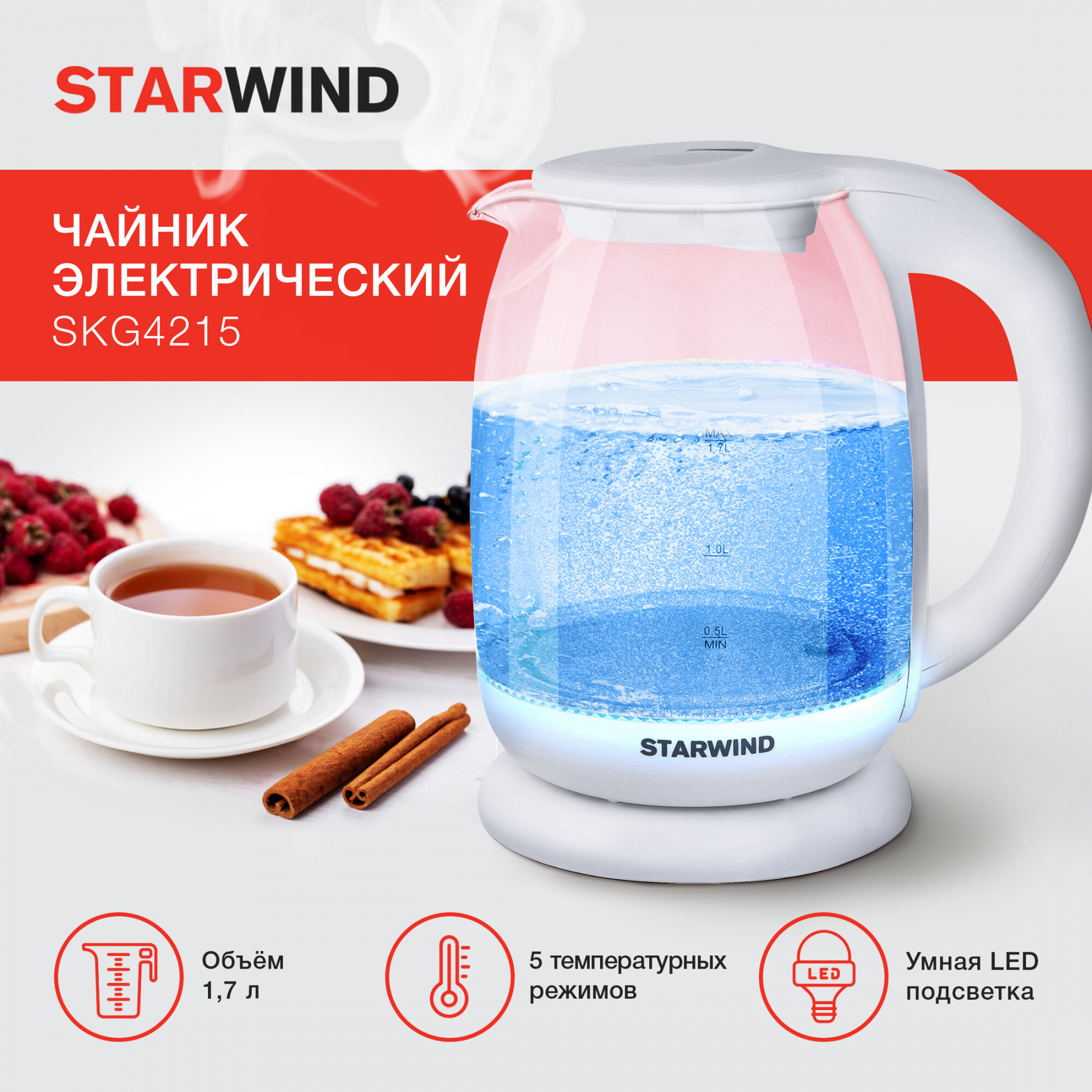 Чайник электрический STARWIND , 2200Вт, белый - фото №15