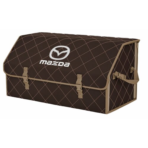Органайзер-саквояж в багажник "Союз" (размер XL Plus). Цвет: коричневый с бежевой прострочкой Ромб и вышивкой Mazda (Мазда).