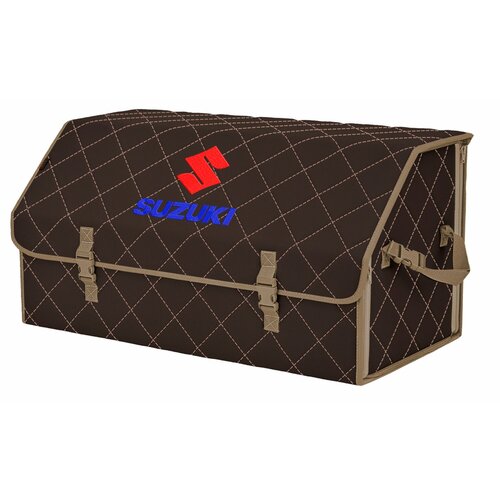 Органайзер-саквояж в багажник "Союз" (размер XL Plus). Цвет: коричневый с бежевой прострочкой Ромб и вышивкой Suzuki (Сузуки).