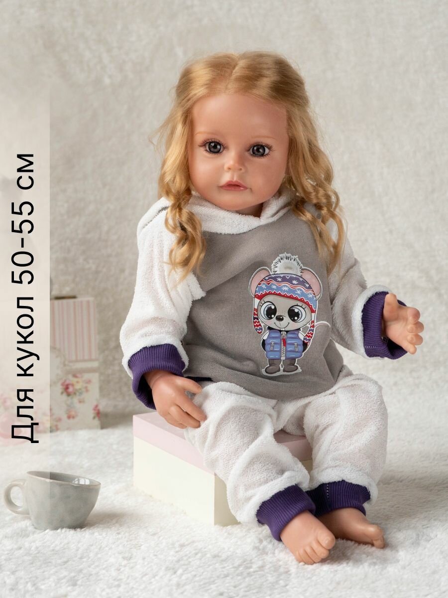 Одежда для куклы Реборн (Reborn) 55см , Rich Line Home Decor, ИП-X-41_Сер-бел-фиолет-мышка-в-шапке-с-капюшоном