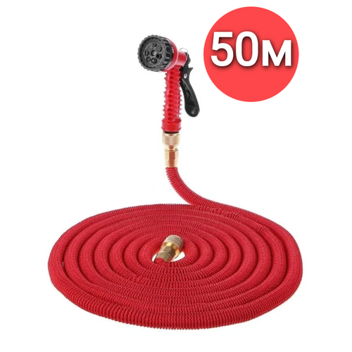 фото Шланг садовый растягивающийся 50 метров для полива с распылителем magic garden hose xhose / 50 метров красный с металлическим соединением
