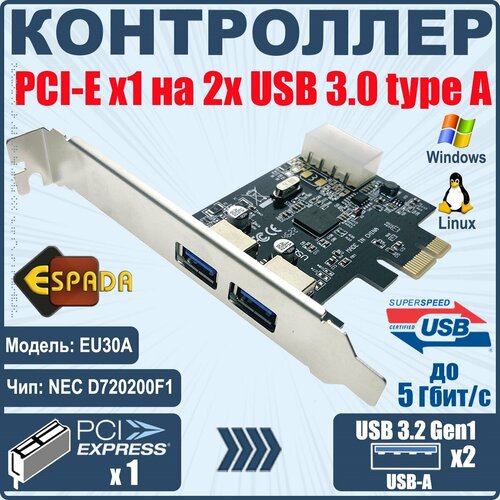 Контроллер PCI-E, USB3.0 2 внеш. порта, модель EU30A, Espada контроллер pci e 1394a 3внеш 1внутр порт модель pcie1394a ver 2 espada