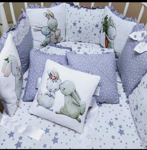 Изображение товара Бортики в кроватку для новорожденных с фотопечатью зайка