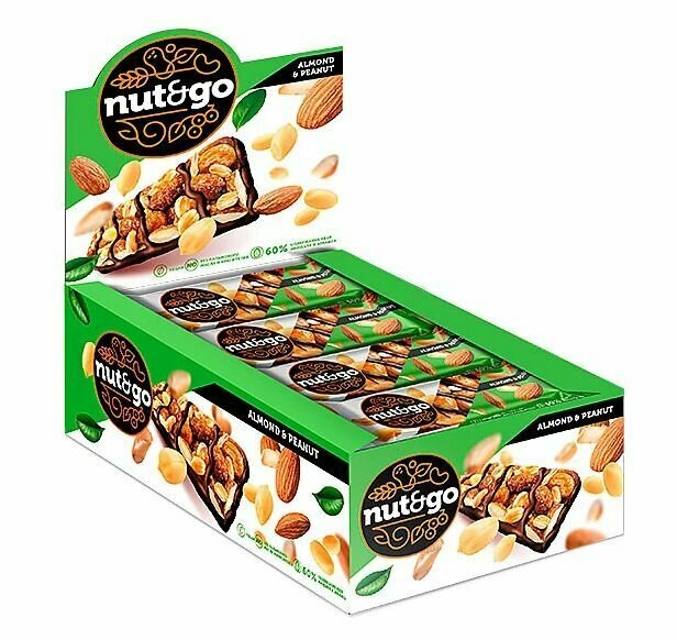 Батончик КДВ Nut&Go с миндалем и арахисом 18 шт по 36 гр , Яшкино