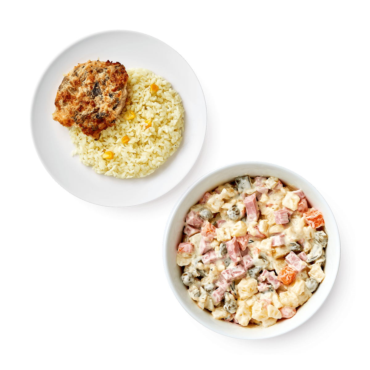 Комплексный обед №38 Мясо куриное по-французски с рисом, салат Оливье «Домашний очаг»