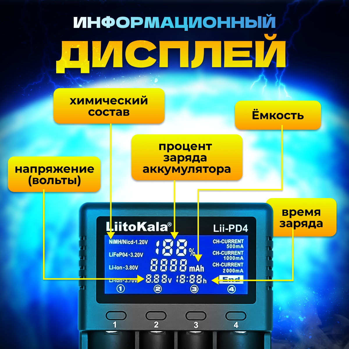 Зарядное устройство для аккумулятора LiitoKala Lii-PD4 Li-ion, Li-Fe, Ni-CD 4 слота с АЗУ в комплекте — фото 1