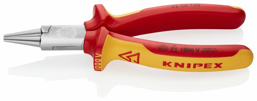 Круглогубцы KNIPEX VDE, губки d3х30 мм, длина 160 мм, хром, 2-комп диэлектрические ручки KN-2206160