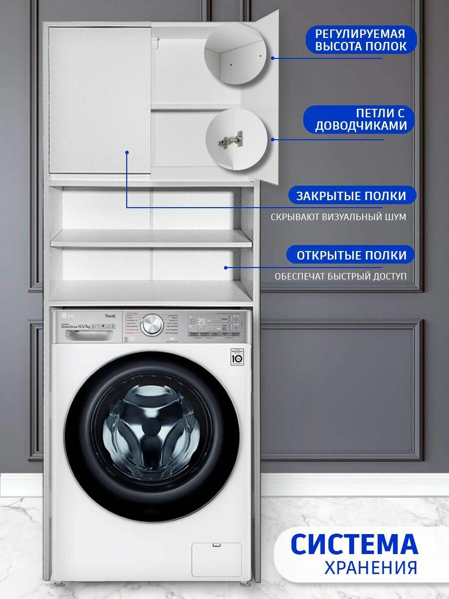 Тумба Home Store для стиральной машины, классическая, белая, 64х25х190см — фото 1