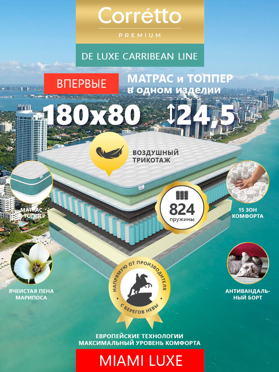 Матрас на кровать ортопедический пружинный Premium Corretto Miami Luxe 180X80