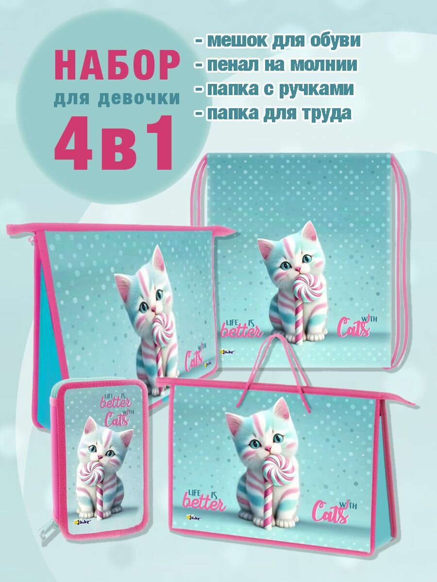 Школьный набор "котик карамелька" (папка А4, пенал, сумка для обуви, папка с ручками А4), Арт. 2803Карамелька