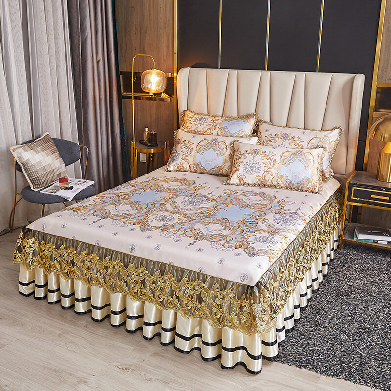 фото Юбка для кровати, шелковый коврик, кружевное покрывало, 180x200 см