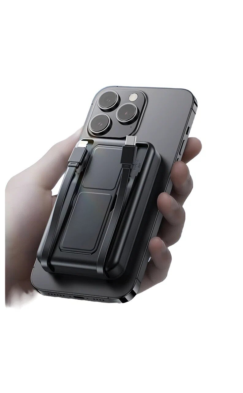 Магнитный PowerBank 10000 мАч с беспроводной зарядкой Magsafe для iPhone 16/15/14/13/12 / Быстрая зарядка 22.5W / LED дисплей / два встроенных кабеля Type C и Lighting — фото 1